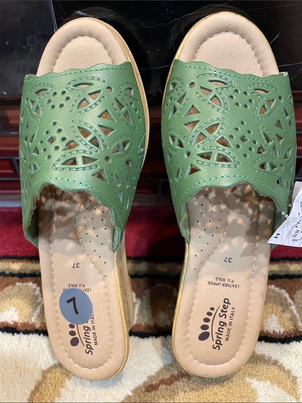 Spring Step Green Laser-Cut Leather Slide Mules